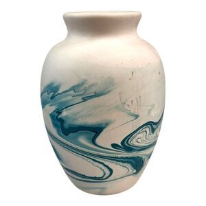 Nemadji Pottery Vase Vintage Blue Green Swirls 7" Tall Teal Turquoise Southwest